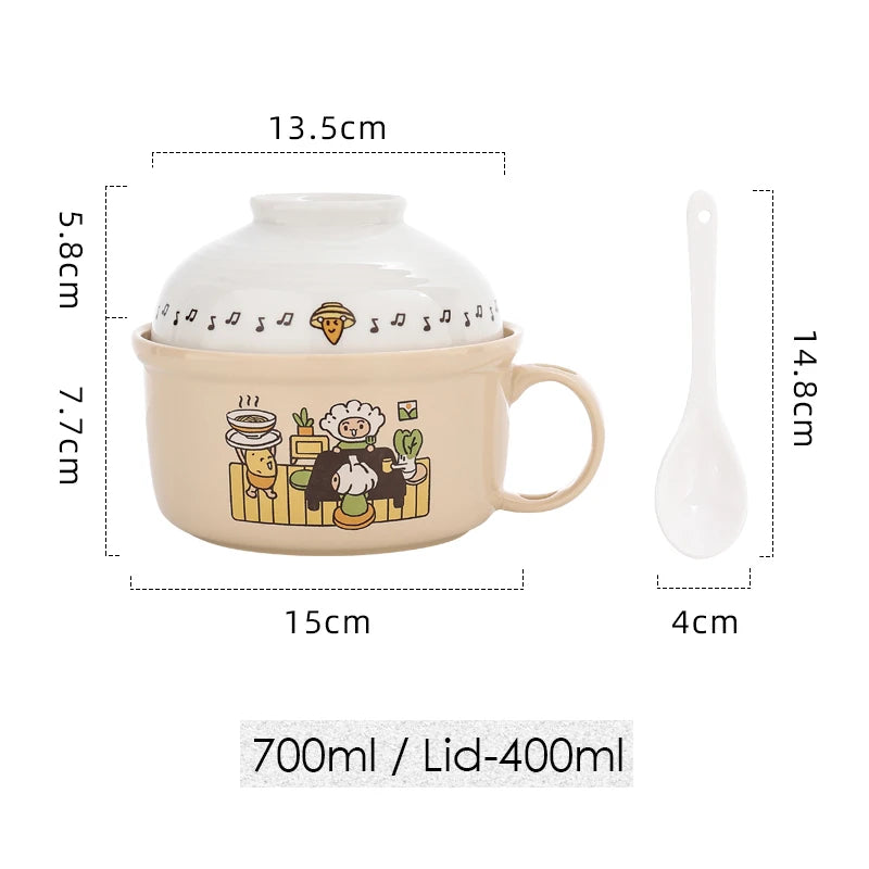 Ceramic Ramen Bowl and Little Rice Bowl Spoon Set, 700ml Instant Noodle Bowl, 400ml Oatmeal Bowl, White Spoon Microwave Safe